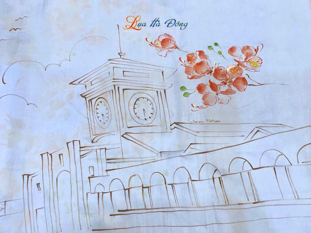 Khăn lụa tơ tằm vẽ tay chợ Bến Thành xanh dương
