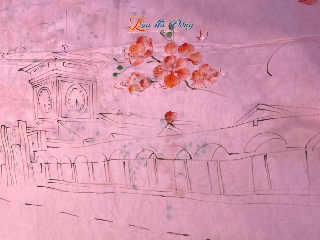 Khăn lụa tơ tằm vẽ tay chợ Bến Thành hồng