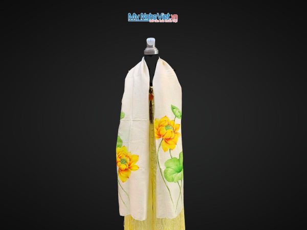 Khăn lụa tơ tằm vẽ tay hoa sen tua rua 100% silk