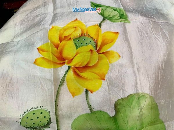 Khăn lụa tơ tằm vẽ tay hoa sen tua rua 100% silk