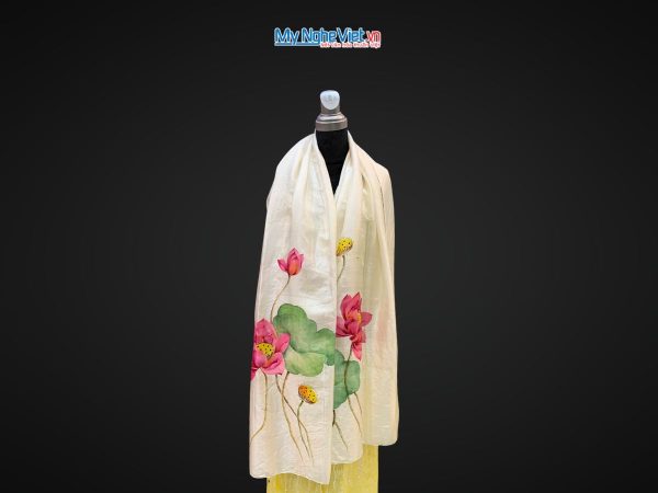 Khăn lụa tơ tằm vẽ tay hoa sen tua rua 100% silk