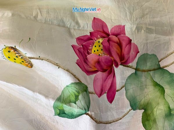 Khăn lụa tơ tằm vẽ tay hoa sen tua rua 100% silk