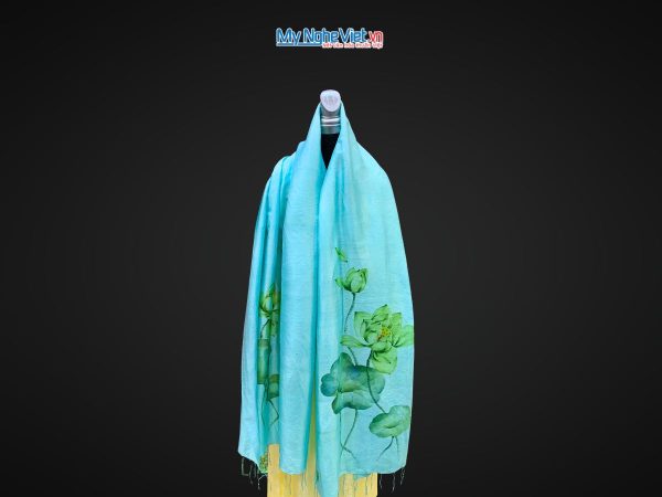 Khăn lụa tơ tằm vẽ tay hoa sen tua rua 100% silk