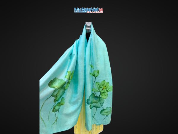 Khăn lụa tơ tằm vẽ tay hoa sen tua rua 100% silk