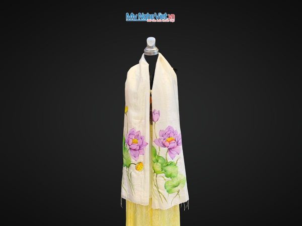 Khăn lụa tơ tằm vẽ tay hoa sen tua rua 100% silk