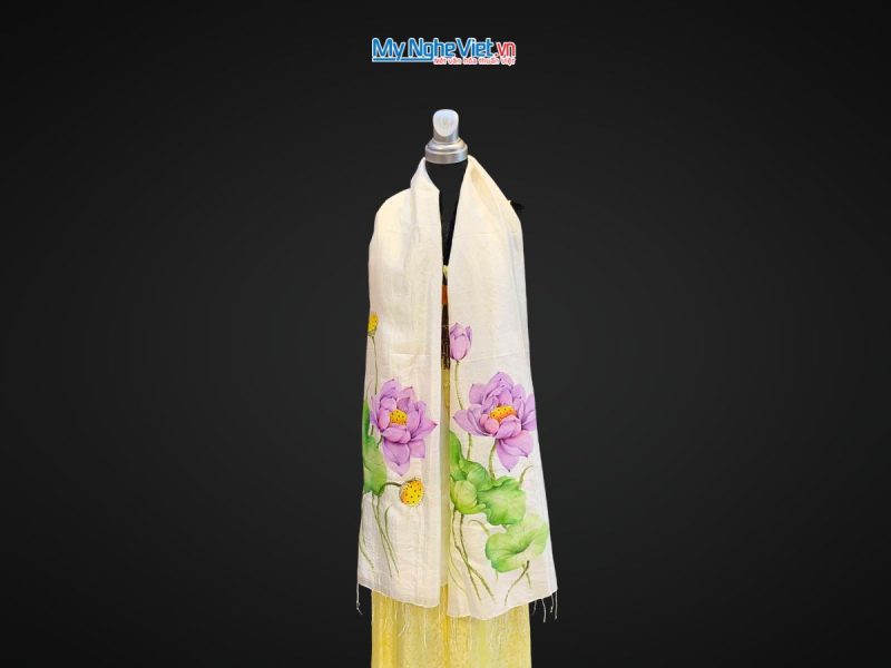 Khăn lụa tơ tằm vẽ tay hoa sen tua rua 100% silk
