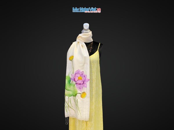 Khăn lụa tơ tằm vẽ tay hoa sen tua rua 100% silk