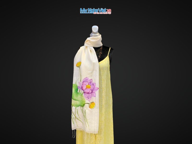 Khăn lụa tơ tằm vẽ tay hoa sen tua rua 100% silk
