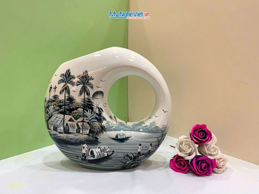 Lọ Hoa Sơn Mài Kết Thân Vẽ Cảnh Đồng Quê Lớn