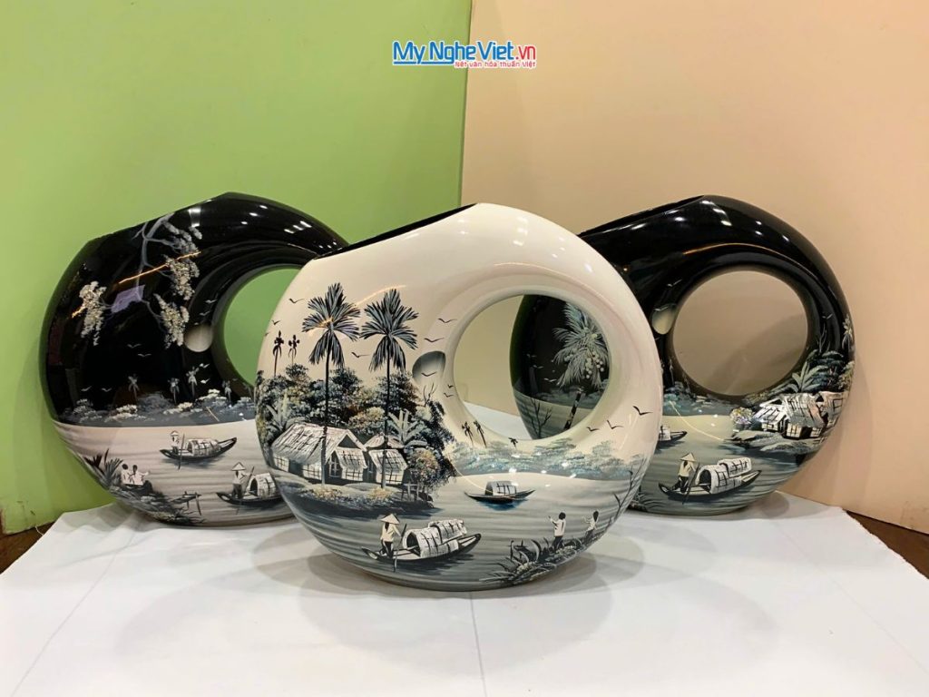 Lọ Hoa Sơn Mài Kết Thân Vẽ Cảnh Đồng Quê Lớn
