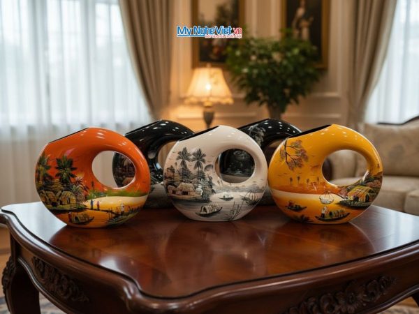 Lọ Hoa Sơn Mài Kết Thân Vẽ Cảnh Đồng Quê Lớn Nhiều Mẫu