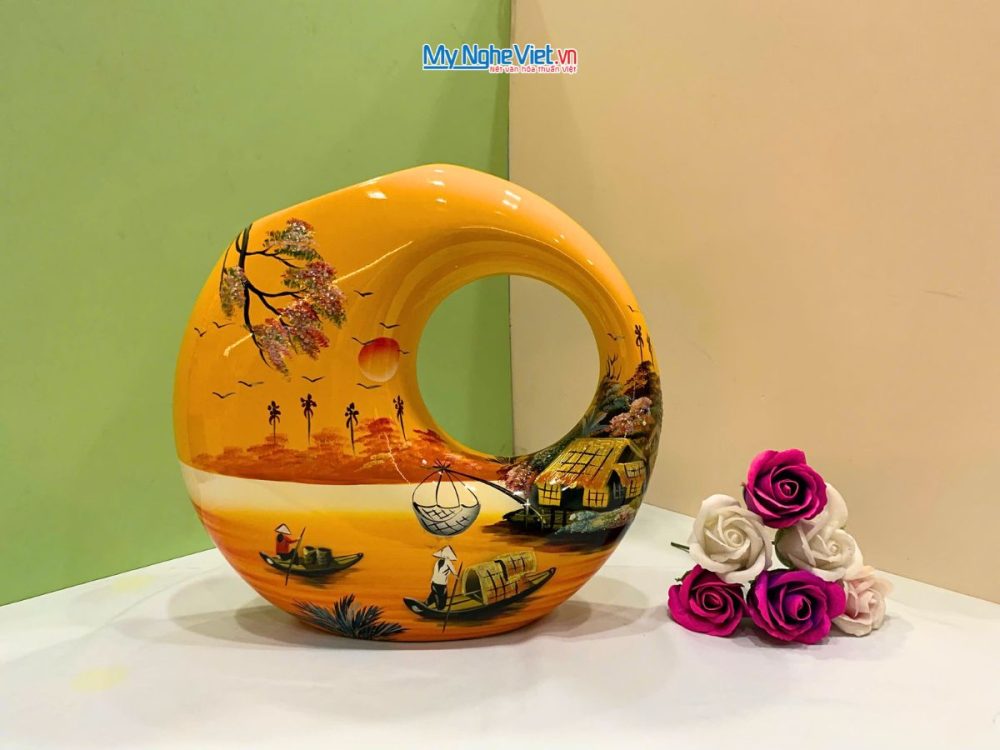 Lọ Hoa Sơn Mài Kết Thân Vẽ Cảnh Đồng Quê Lớn