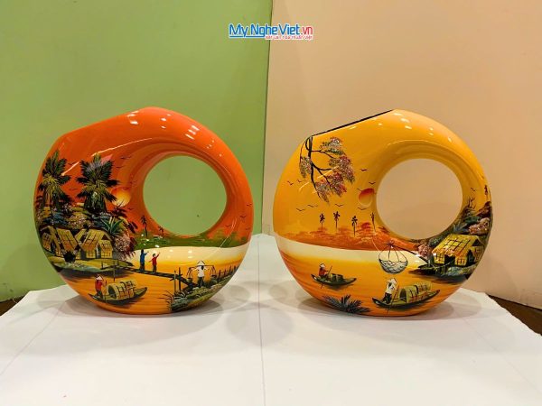 Lọ Hoa Sơn Mài Kết Thân Vẽ Cảnh Đồng Quê Lớn