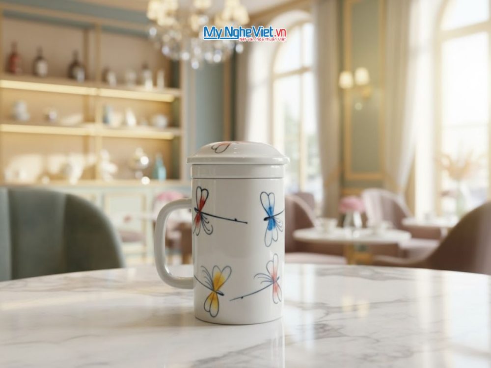 Ly lọc trà vẽ chuồn kim xanh đỏ