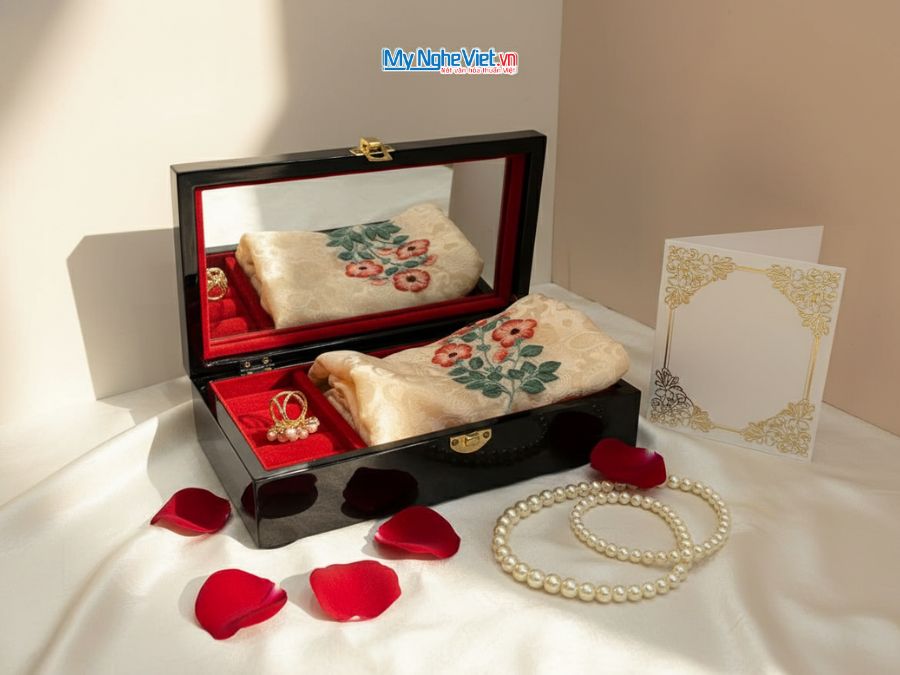 Quà tặng hộp trang sức và khăn lụa thêu tay cao cấp