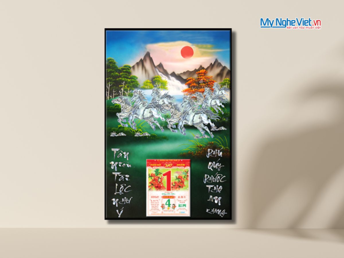 Tranh Lịch Sơn Mài Mã Đáo Thành Công Cẩn Ốc Nền Xanh