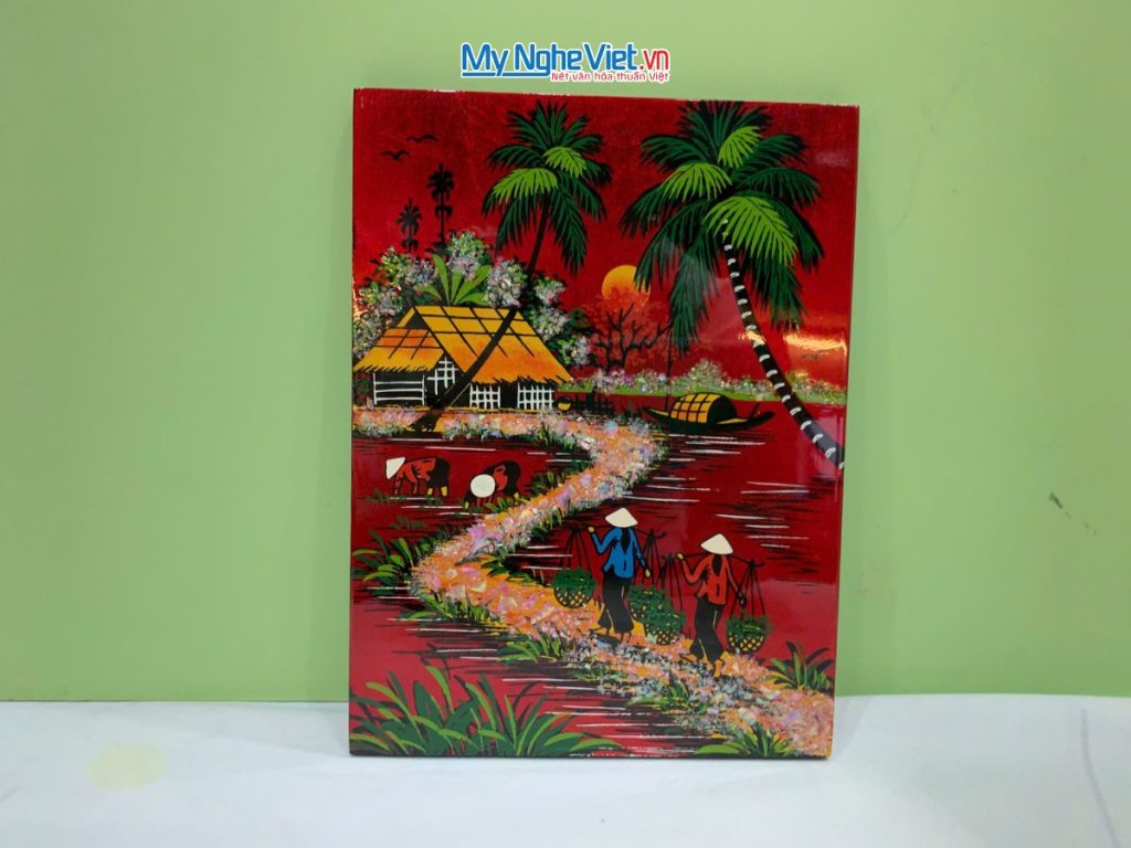 Tranh Sơn Mài Đồng Quê Dát Vàng Nền Đỏ Nhiều Mẫu