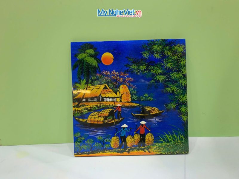 Tranh Sơn Mài Đồng Quê Dát Vàng Nền Xanh Dương