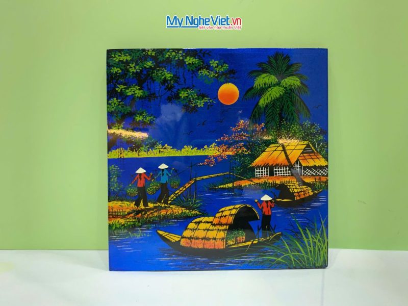 Tranh Sơn Mài Đồng Quê Dát Vàng Nền Xanh Dương