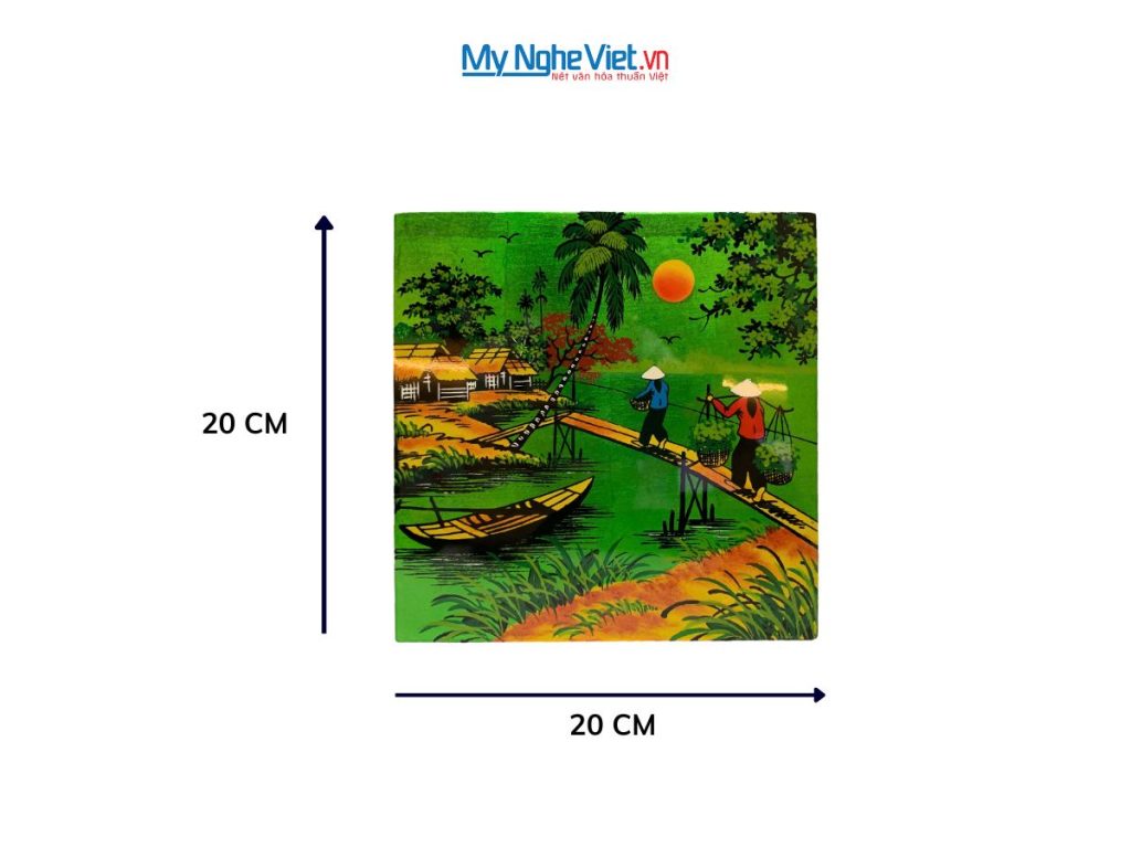 Tranh Sơn Mài Đồng Quê Dát Vàng Nền Xanh Lá