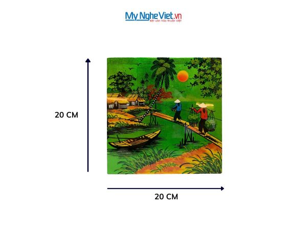 Tranh Sơn Mài Đồng Quê Dát Vàng Nền Xanh Lá