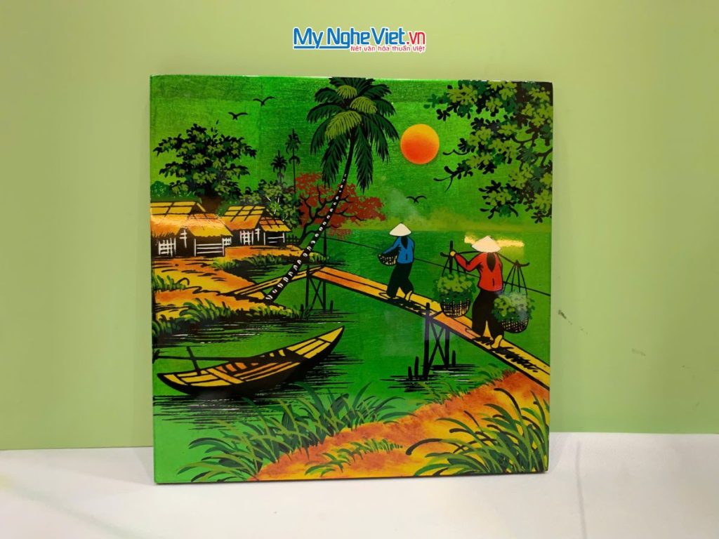 Tranh Sơn Mài Đồng Quê Dát Vàng Nền Xanh Lá