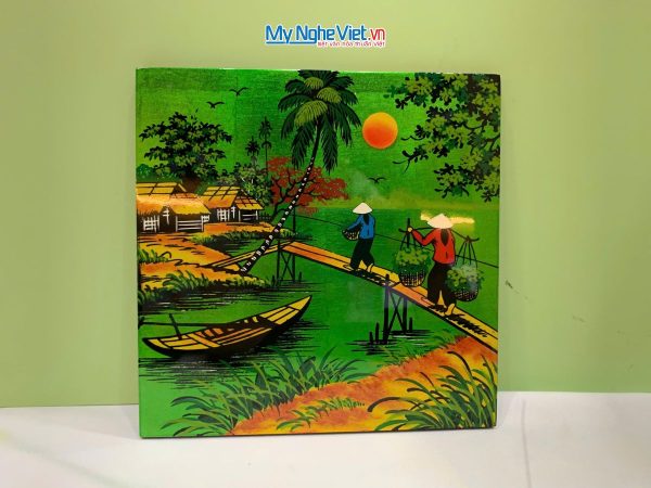 Tranh Sơn Mài Đồng Quê Dát Vàng Nền Xanh Lá
