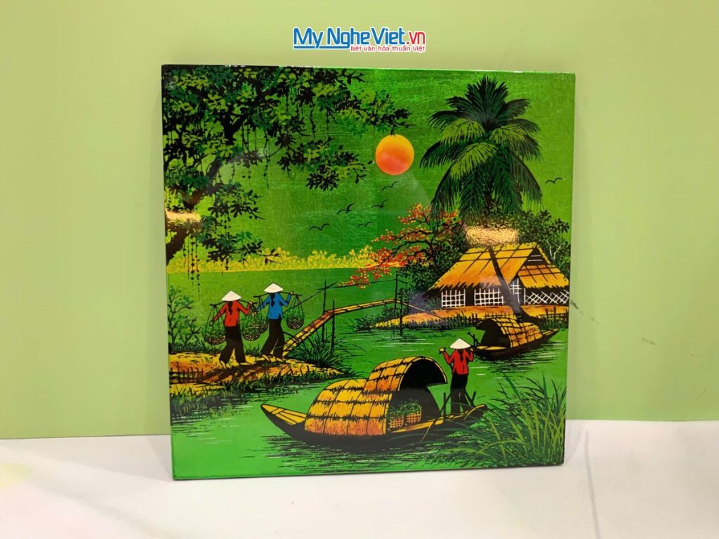 Tranh Sơn Mài Đồng Quê Dát Vàng Nền Xanh Lá