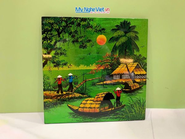 Tranh Sơn Mài Đồng Quê Dát Vàng Nền Xanh Lá