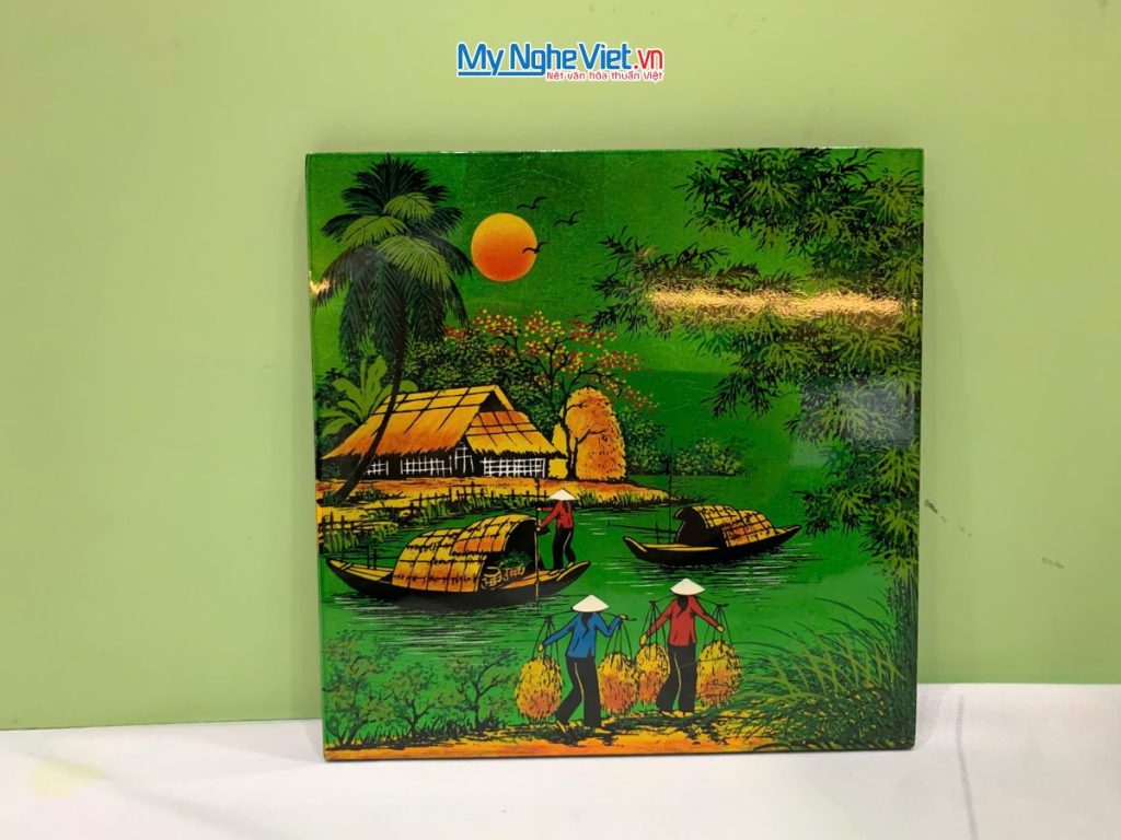 Tranh Sơn Mài Đồng Quê Dát Vàng Nền Xanh Lá