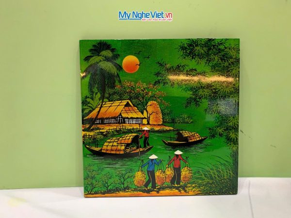 Tranh Sơn Mài Đồng Quê Dát Vàng Nền Xanh Lá