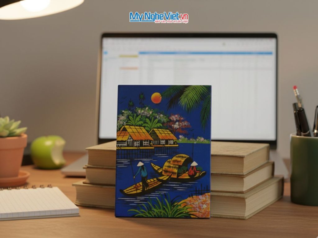 Tranh Sơn Mài Đồng Quê Dát Vàng Nền Xanh Dương Nhiều Mẫu