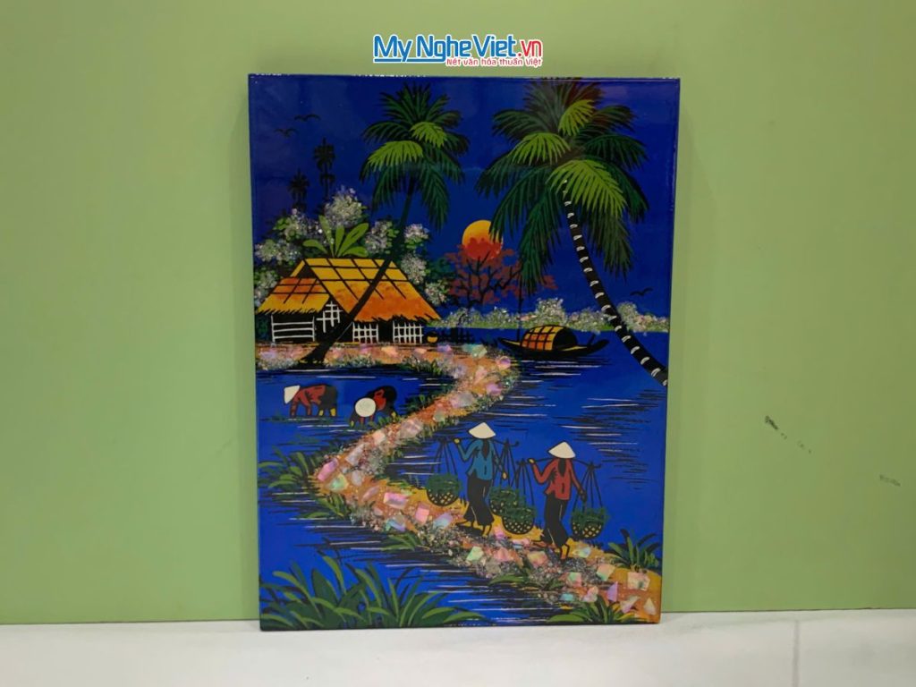 Tranh Sơn Mài Đồng Quê Dát Vàng Nền Xanh Dương Nhiều Mẫu