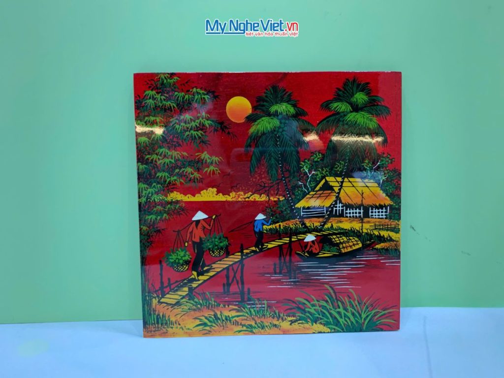 Tranh Sơn Mài Đồng Quê Dát Vàng Nền Đỏ Nhiều Mẫu TSM223-3