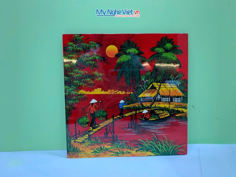Tranh Sơn Mài Đồng Quê Dát Vàng Nền Đỏ Nhiều Mẫu TSM223-3