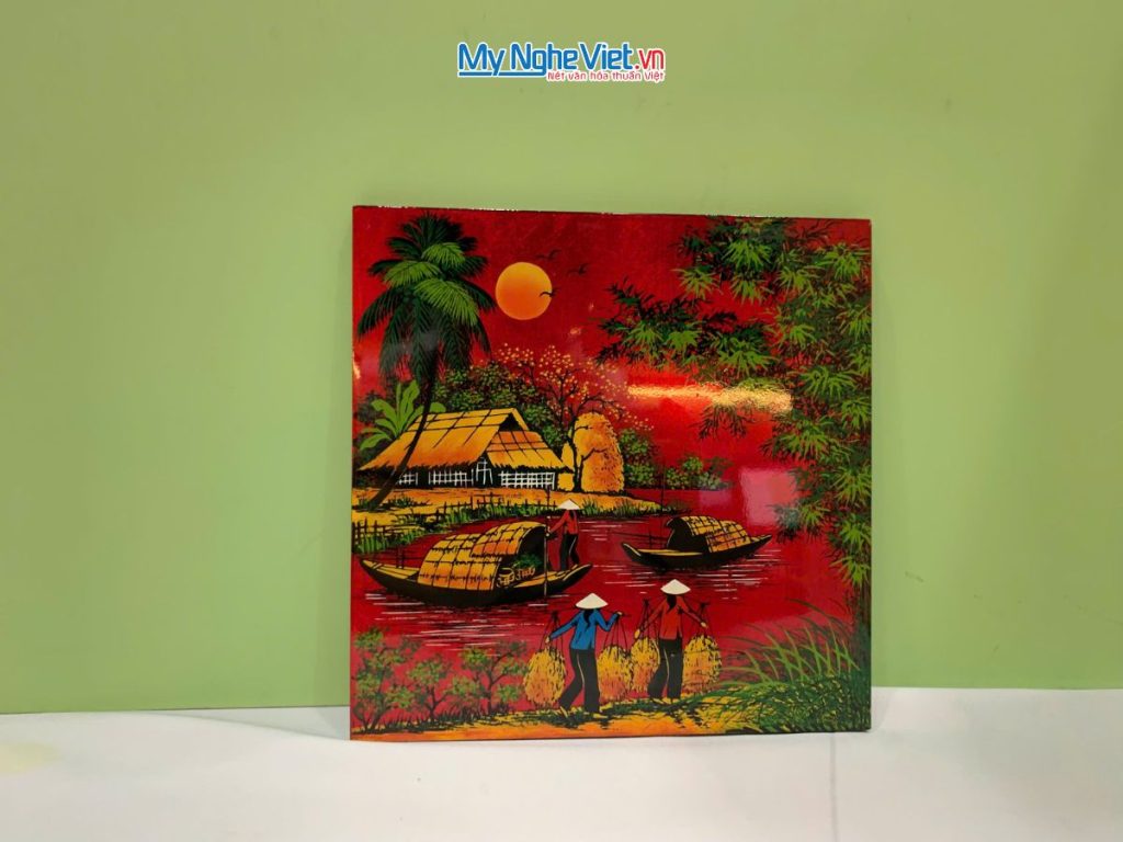 Tranh Sơn Mài Đồng Quê Dát Vàng Nền Đỏ Nhiều Mẫu TSM223-3