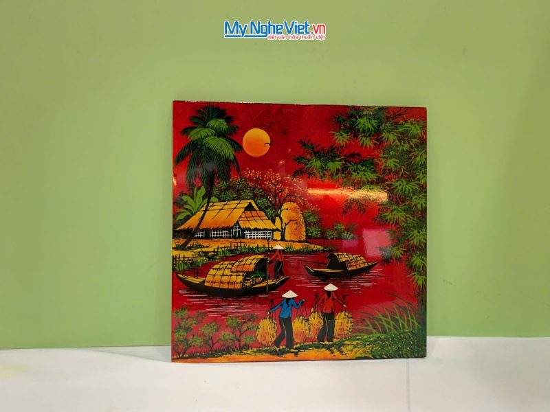 Tranh Sơn Mài Đồng Quê Dát Vàng Nền Đỏ Nhiều Mẫu TSM223-3