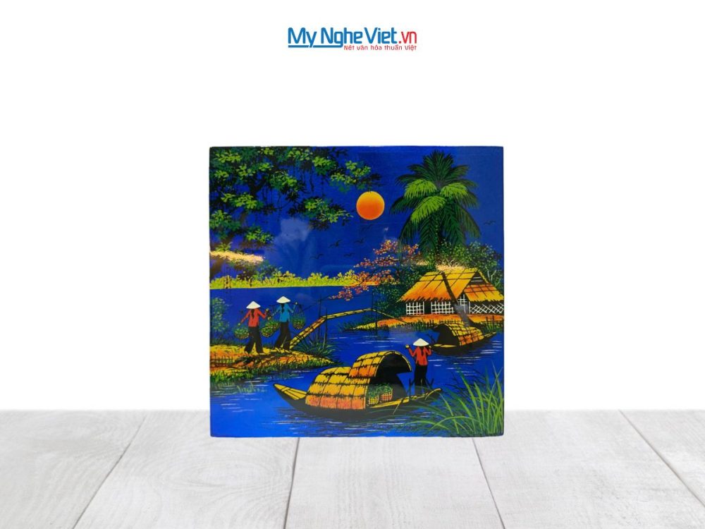 Tranh Sơn Mài Đồng Quê Dát Vàng Nền Xanh Dương