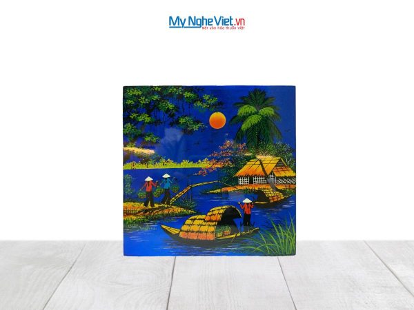 Tranh Sơn Mài Đồng Quê Dát Vàng Nền Xanh Dương