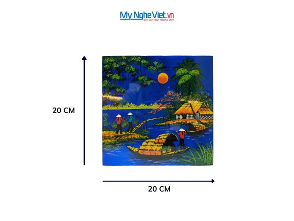 Tranh Sơn Mài Đồng Quê Dát Vàng Nền Xanh Dương