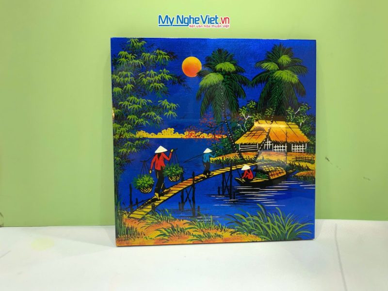 Tranh Sơn Mài Đồng Quê Dát Vàng Nền Xanh Dương