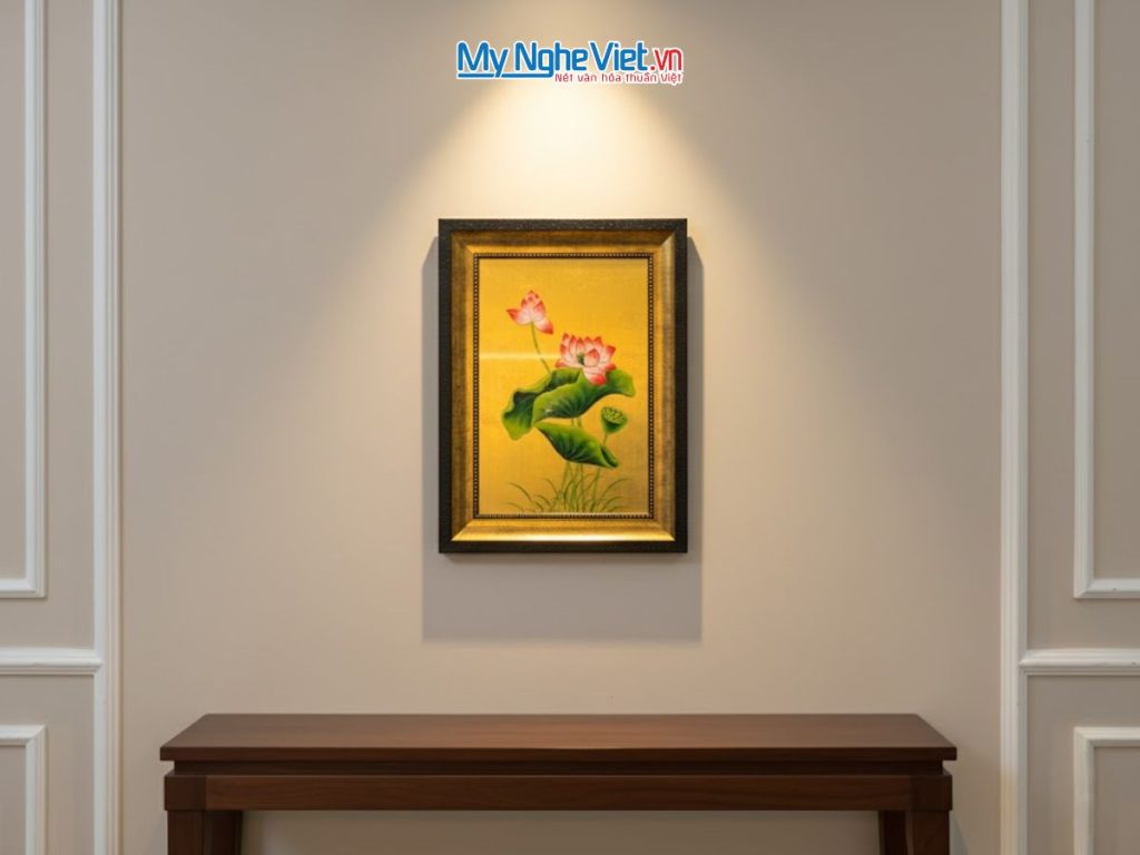 Tranh Sơn Mài Hoa Sen Vàng Đắp Nổi