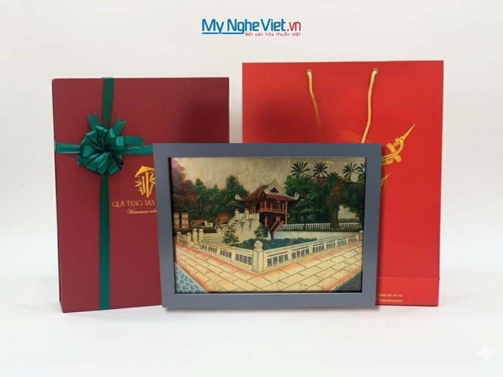 Tranh sơn mài dát bạc vẽ Chùa Một Cột