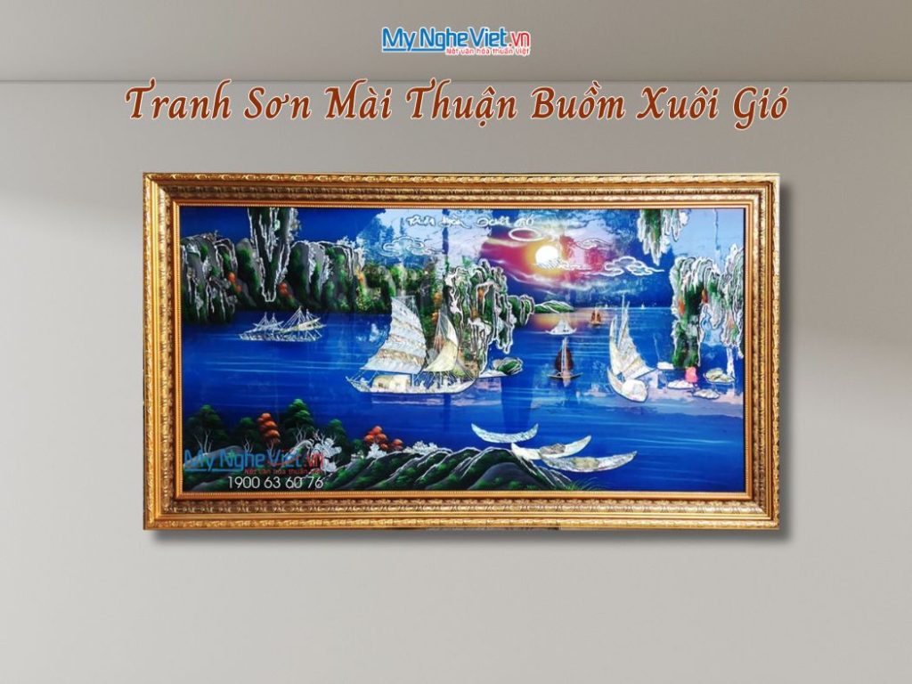 Tranh sơn mài Thuận Buồm Xuôi Gió cẩn ốc khung vàng