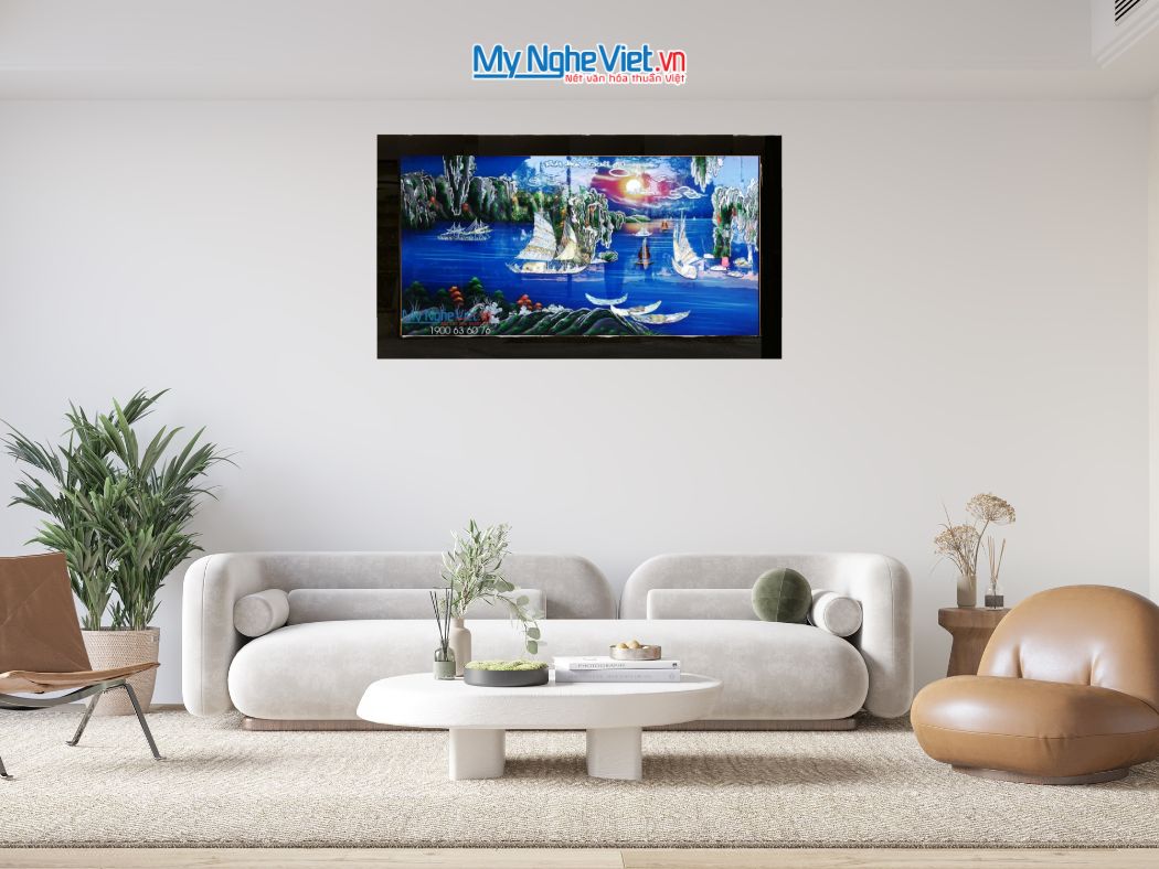 Tranh sơn mài Thuận Buồm Xuôi Gió cẩn ốc khung sơn mài