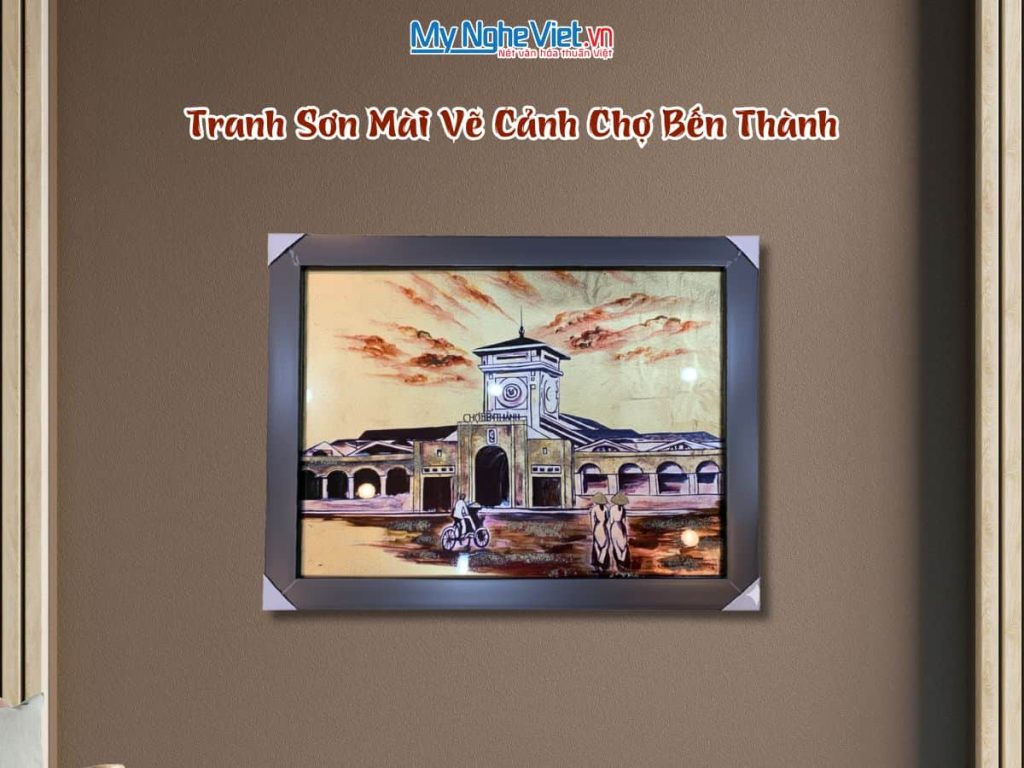 Tranh sơn mài dát vàng vẽ chợ Bến Thành