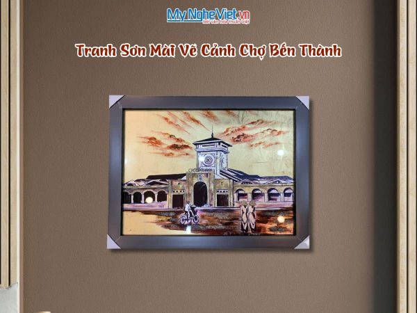 Tranh sơn mài dát vàng vẽ chợ Bến Thành