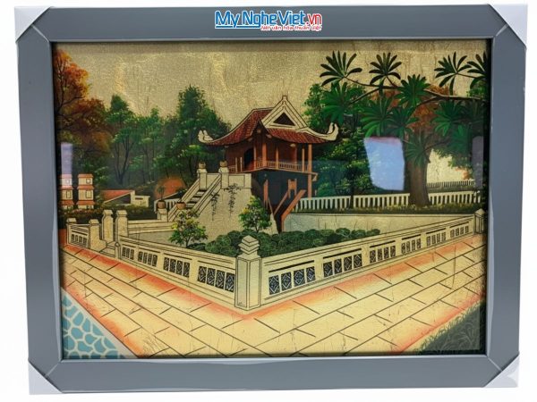 Tranh sơn mài dát bạc vẽ Chùa Một Cột