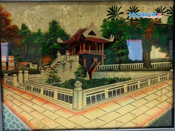 Tranh sơn mài dát bạc vẽ Chùa Một Cột