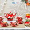 Bộ Bình Trà Queen Mùa Đỏ Vẽ Vàng Kim Họa Tiết Hoa Đắp Nổi